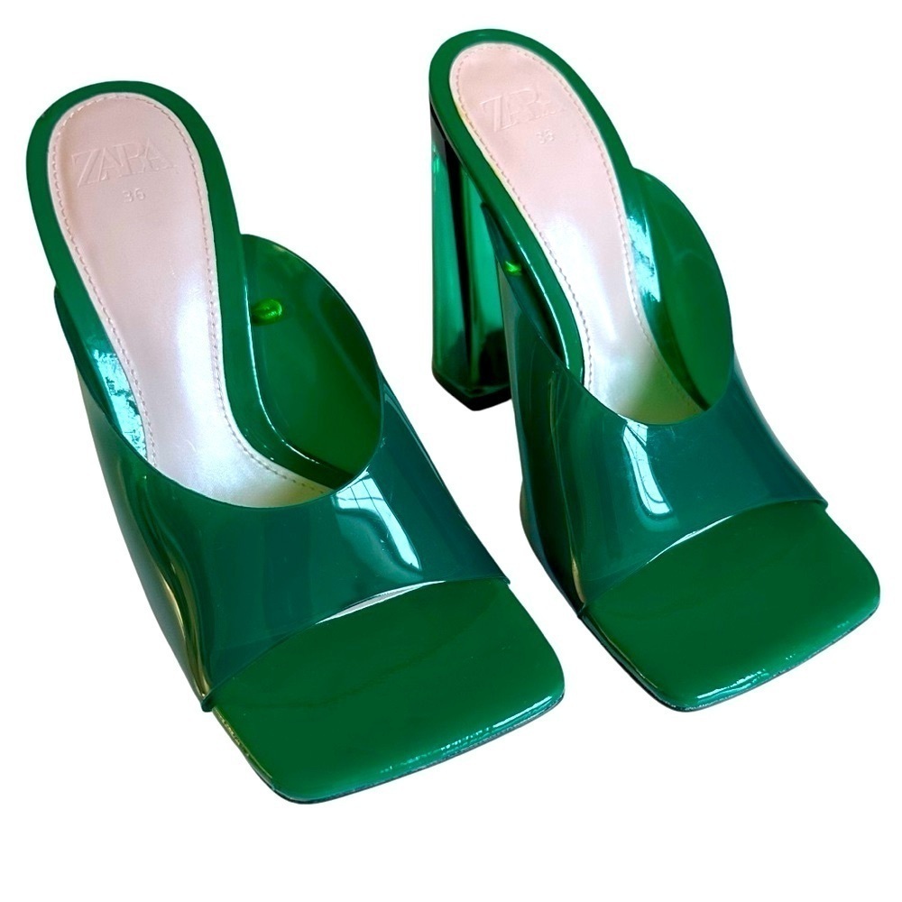 Zara Emerald Lucite Heel Sandals Clear Block Heel Square Toe 36 - Picture 5 of 15